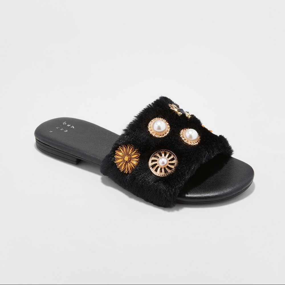 Women's Rose Brooch Faux Fur Slide Sandals -B3 - Picture 3 of 7